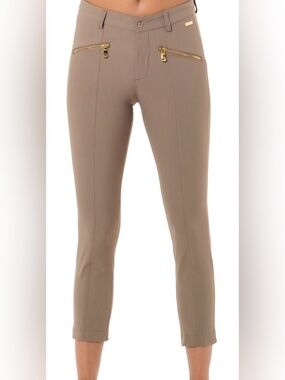 MDC 4way stretch shiny gold zip cropped toffee pants size 32/0